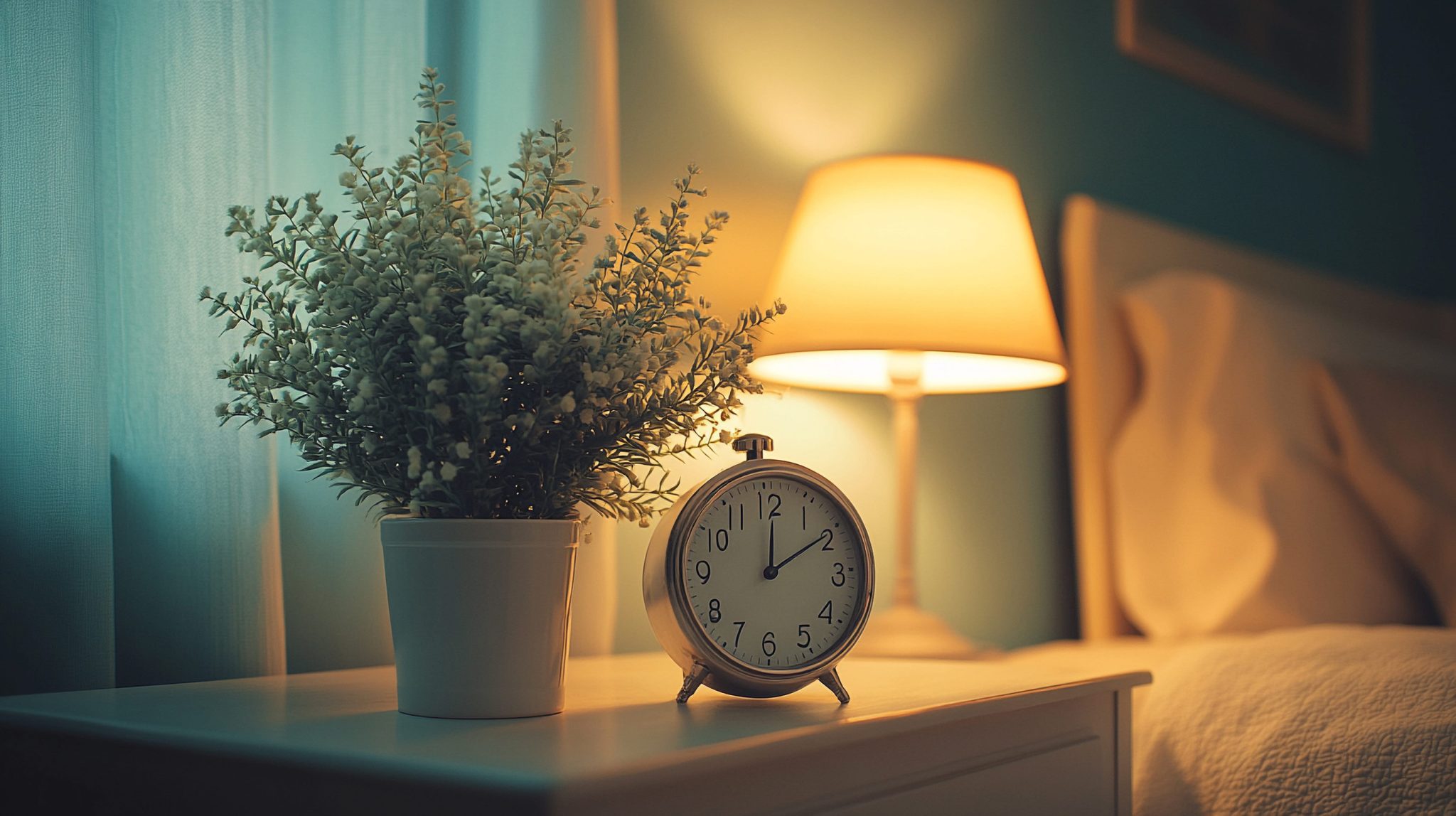 Cozy bedside scene with a potted plant, an analog alarm clock, and a lit table lamp on a white nightstand in a softly lit bedroom.