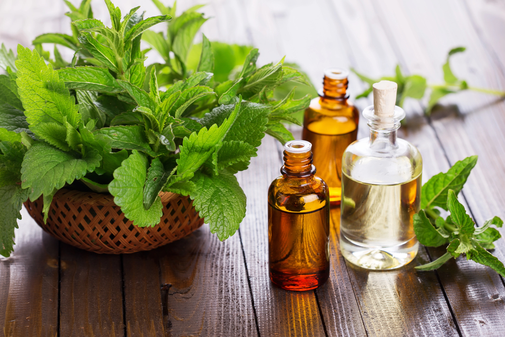 Basket of fresh mint leaves with amber and clear essential oil bottles on a wooden table