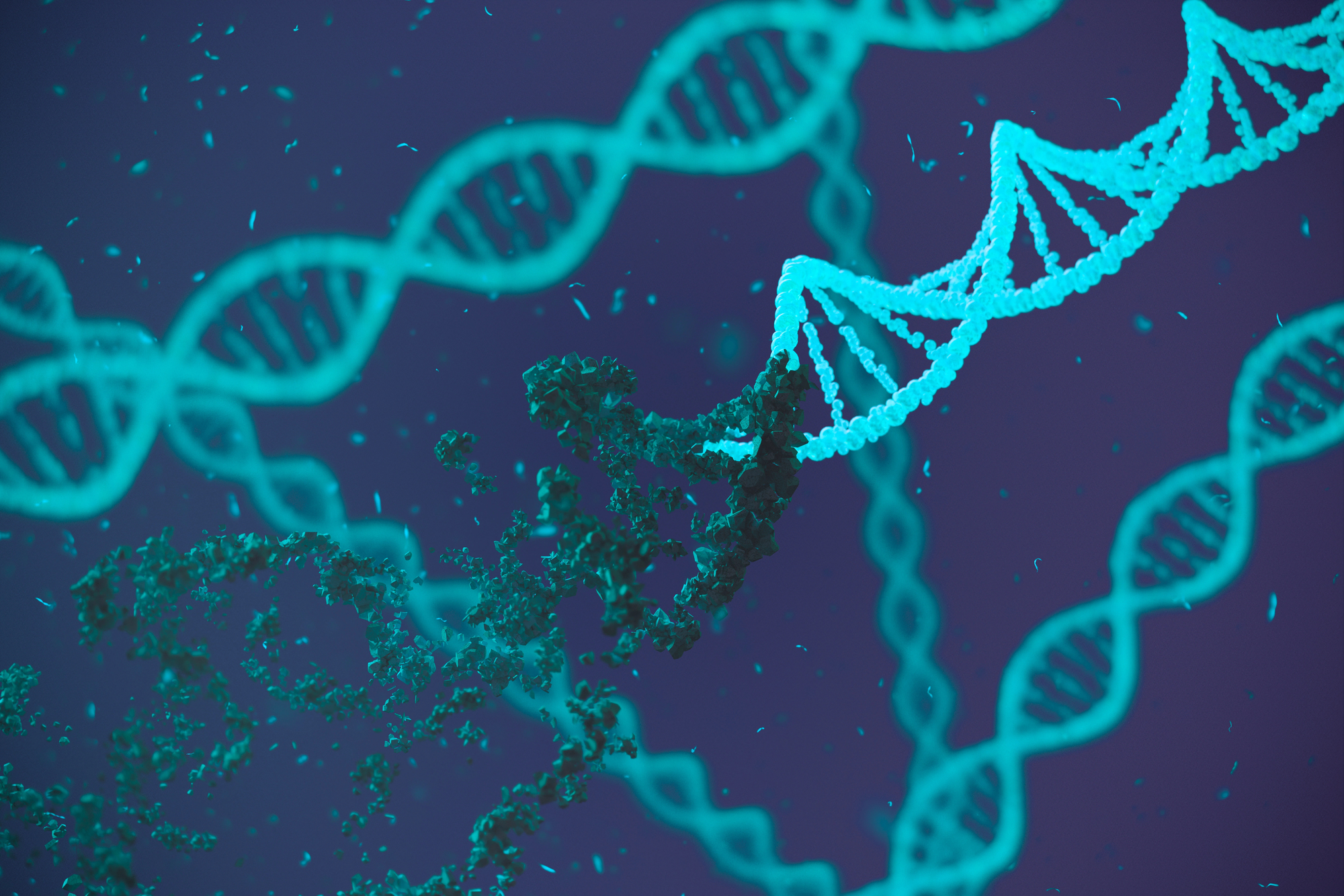 Teal-colored DNA double helix strands against a dark blue background with scattered particles.