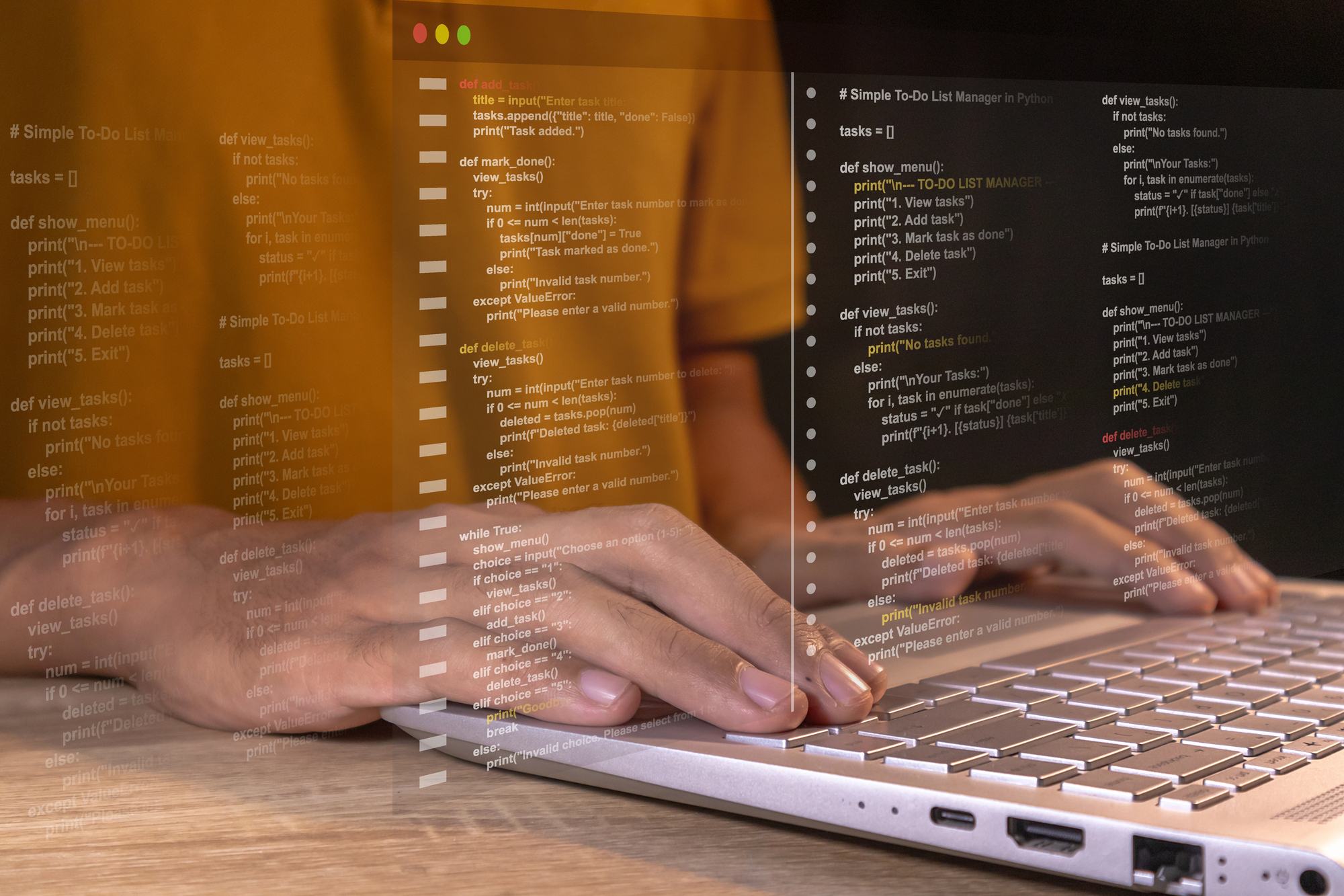 Hands typing on a laptop keyboard with lines of code visible on the screen and an orange overlay across the image.