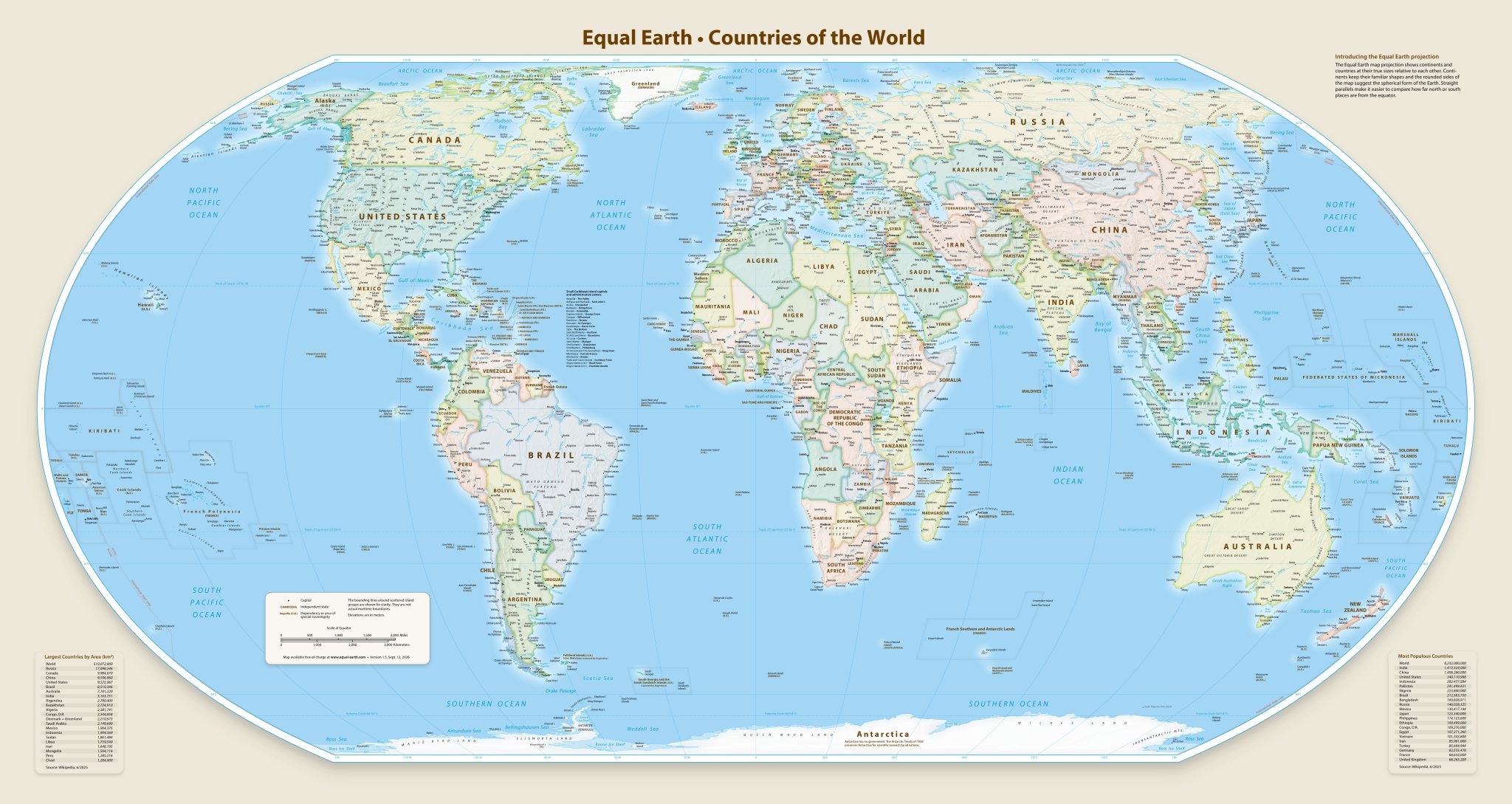 World map showing country boundaries in the Equal Earth projection with continent labels and oceans visible, title at top: Equal Earth – Countries of the World