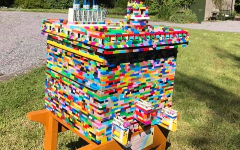 Bee house made from LEGO bricks.