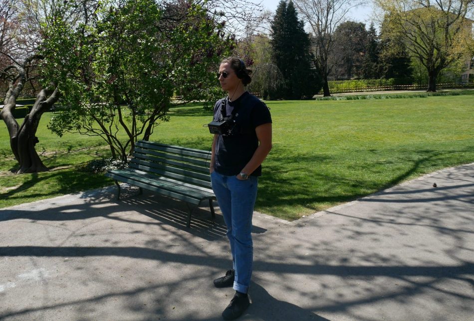 Man wearing Biped.ai harness in a park