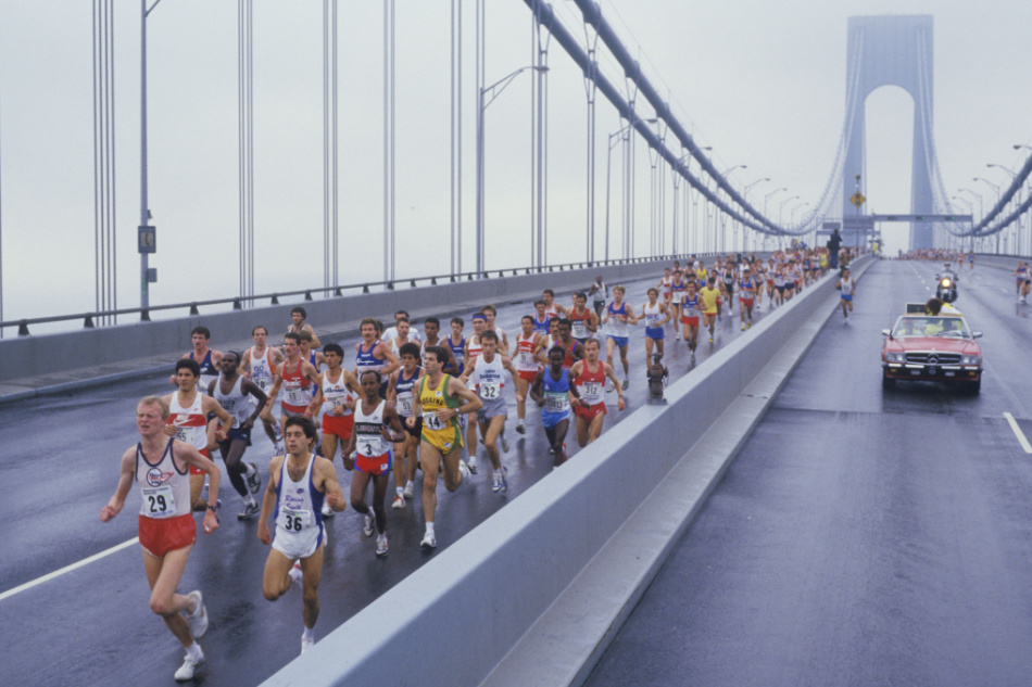 View of runners crossing Verrazano Bridge at the start of NYC Marathon