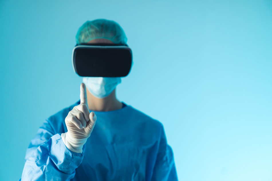 Surgeon doctor wearing virtual reality or augmented reality glasses to perform a futuristic surgery, holding up an index finger.