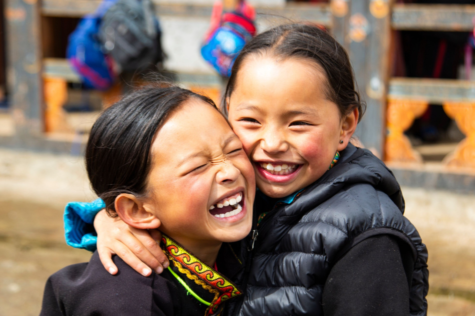 "Laya,Bhutan-23.10.2022: Two Beautiful little Girls with full of Joy in the mountains of Bhutan"