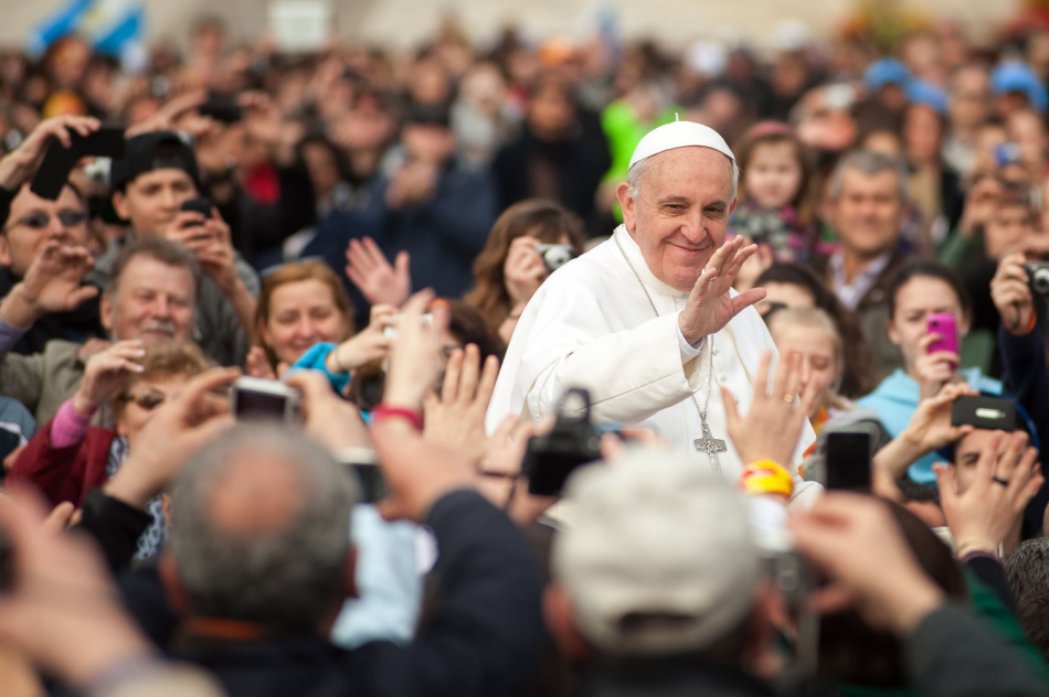 April 04: His Holiness Pope Francis I greets gathered prayers in Rome, Italy, on April 04, 2013