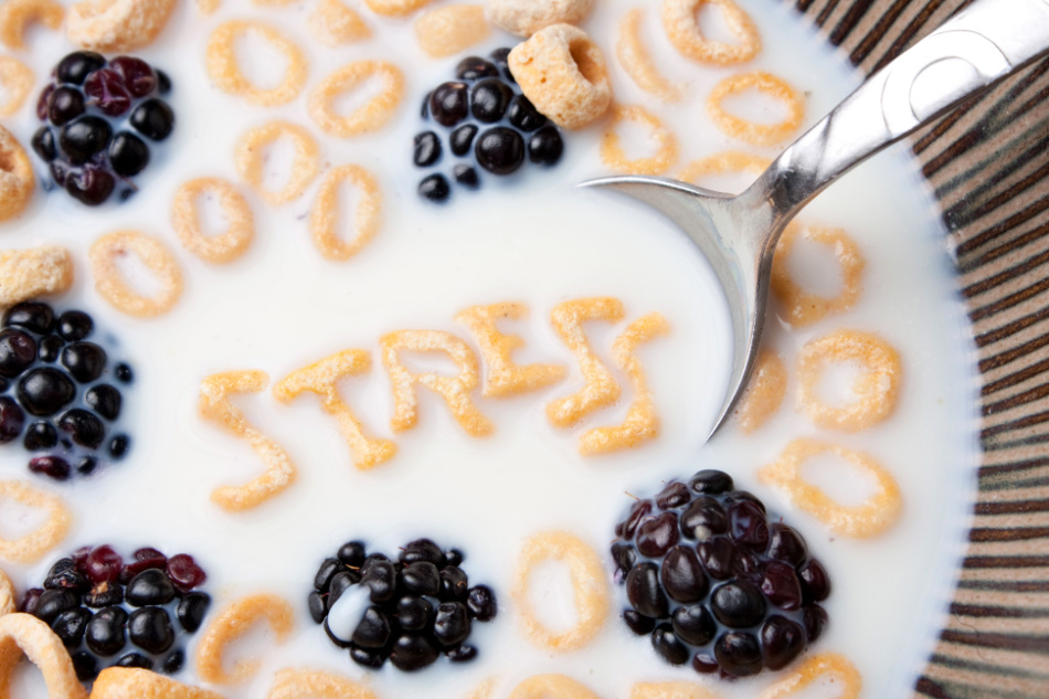 The word STRESS spelled out of alphabet cereal pieces and berries floating in milk.