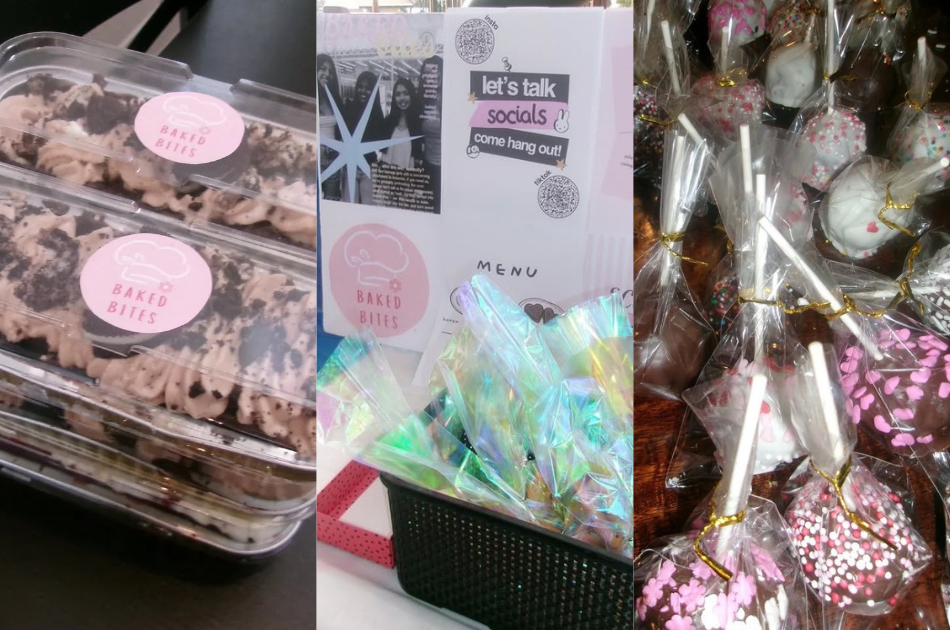 Three-panel collage: left shows clear containers of baked bites labeled 'BAKED BITES'; middle features a menu/display with a pink 'BAKED BITES' sticker; right shows clear-wrapped cake pops with pink sprinkles and white sticks.