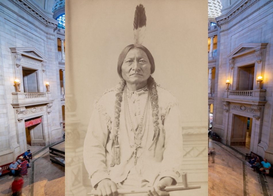 Portrait of Sitting Bull on Smithsonian Institute backdrop