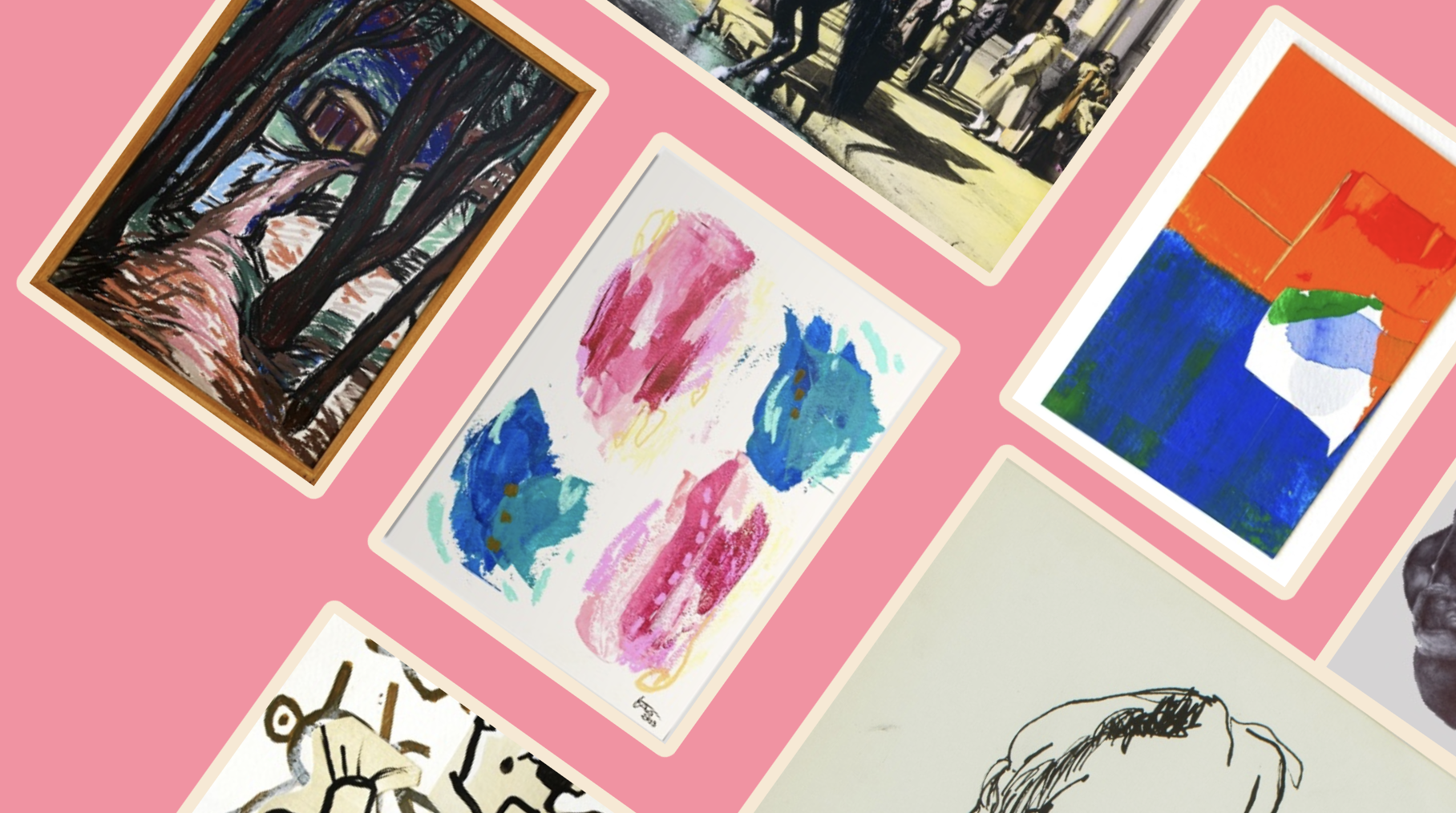 Collage of colorful framed drawings and paintings rotated on a pink background.