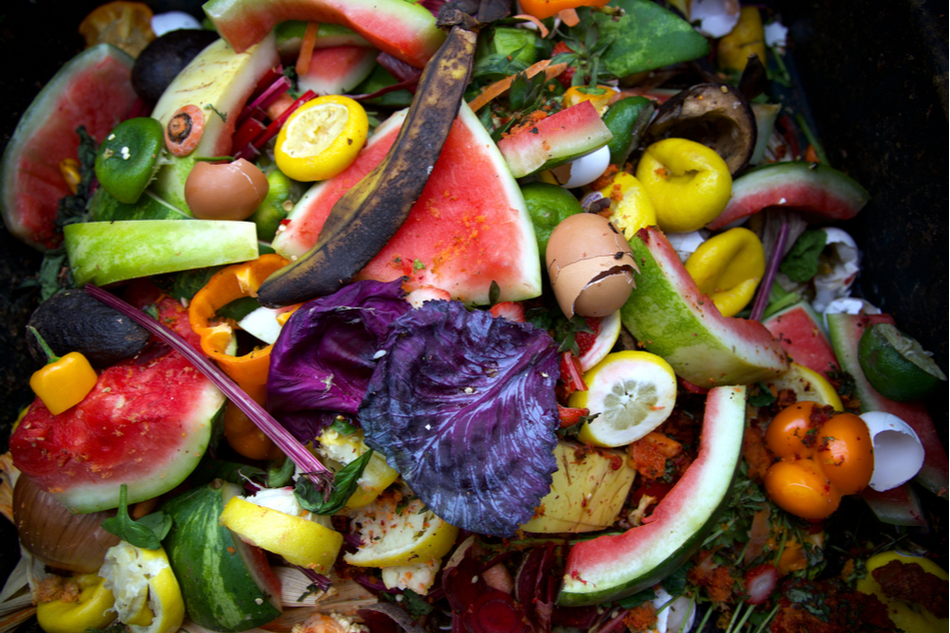 Colorful pile of food scraps in a bin