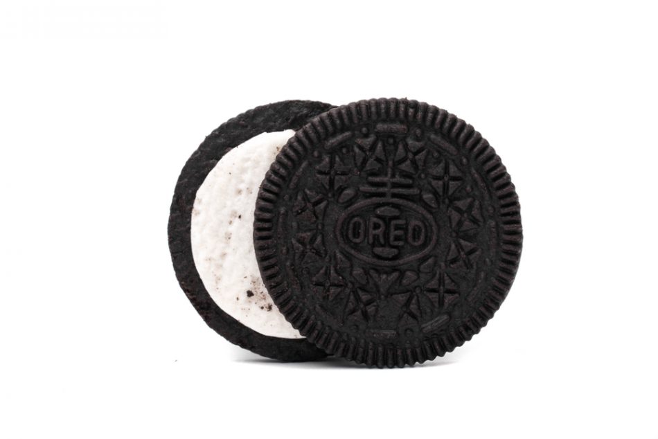 Oreo Cookies isolated on white background. Consisting of two chocolate wafers with a sweet cream filling in between.