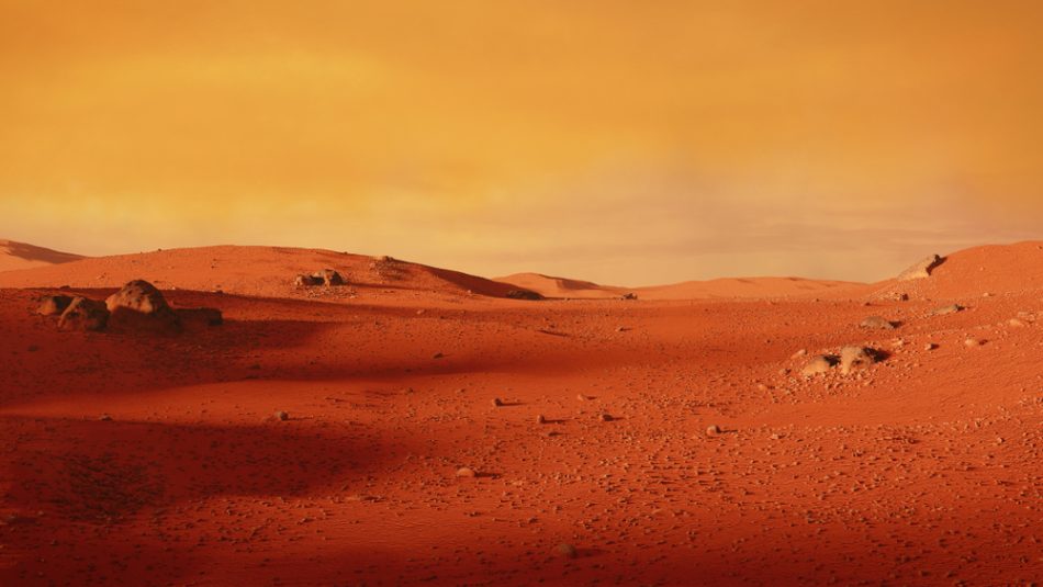Landscape on Mars. Scenic desert scene on the red planet in a 3D space illustration.