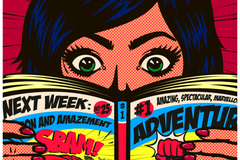 comic-style graphic of woman reading comic