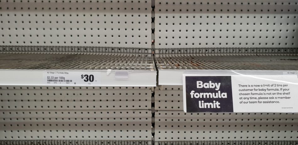 Empty baby formula shelves at a supermarket (woolworths).