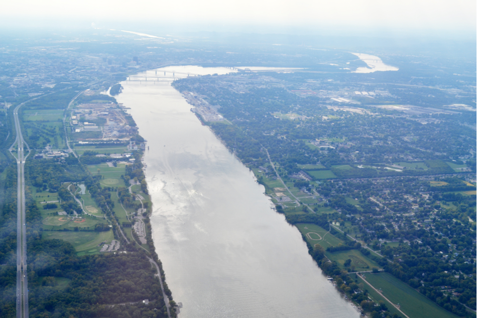 Aerial View of the Ohio River between Jeffersonville, Indiana and Louisville, Kentucky
