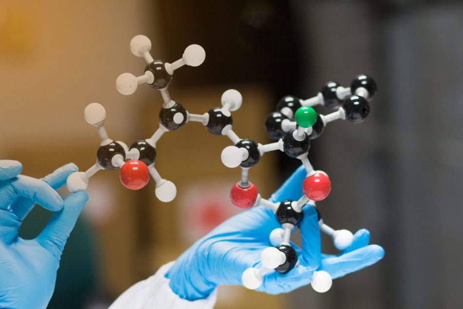 Scientists wear blue gloves hold the molecular structure model will provide 3D arrangement of the atoms at chemistry laboratory for drug design.