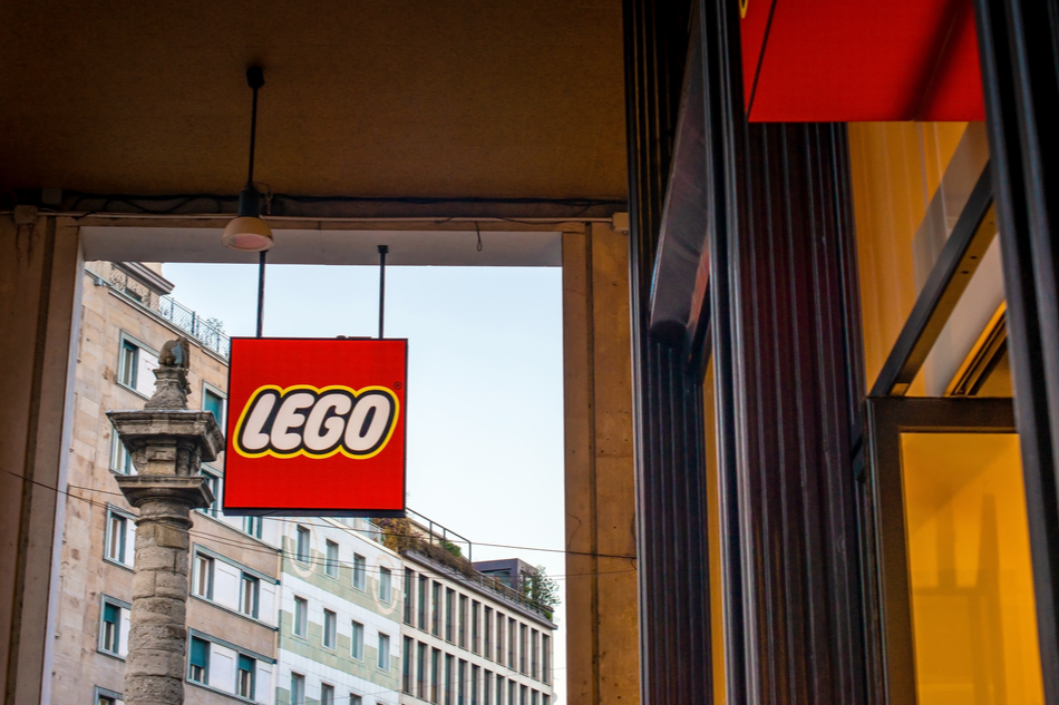 Lego logo on a store building.