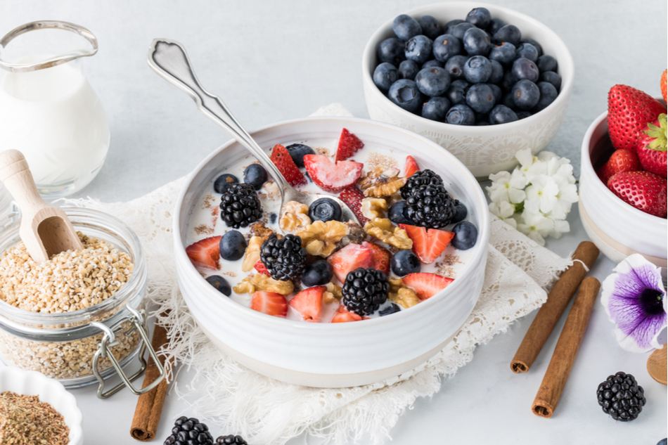 healthy breakfast with berries and walnuts