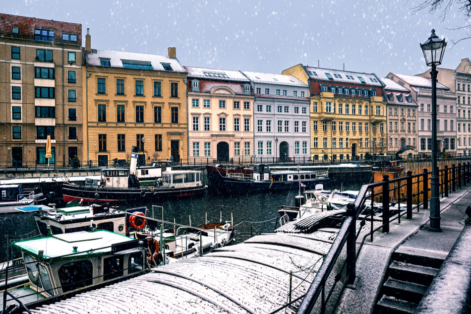 A snowy winter day in the old historic harbor of Berlin, Germany