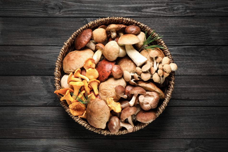 Different fresh wild mushrooms in wicker bowl on black wooden table.