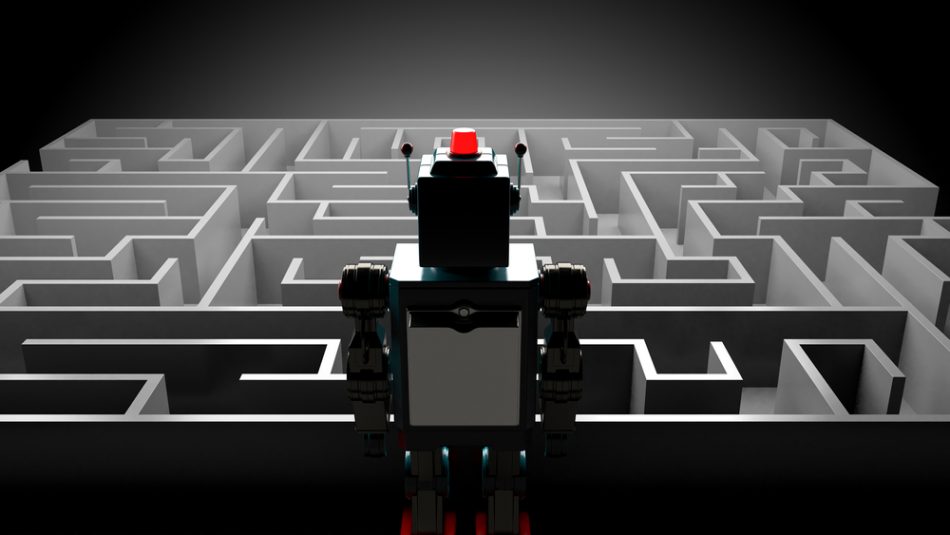 Robot with a red light on its head facing a maze.