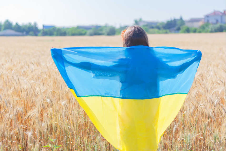 child stands in field with Ukrainian flag