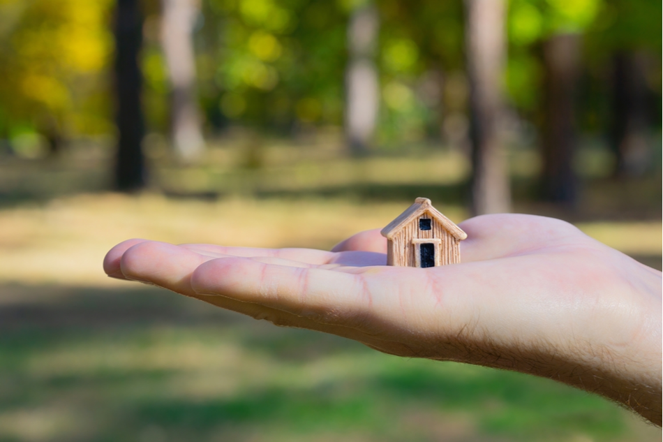 Toy house in a palm of a man's hand against a blurred forest background.
