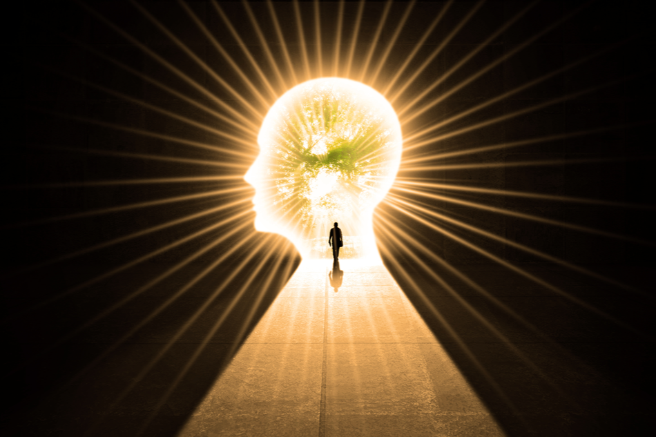 illustration of man going into the light in human silhouette