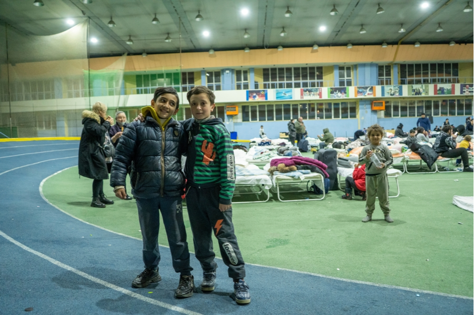 Two Ukrainian boy refugees in Chisinau, Moldova, at a refugee shelter