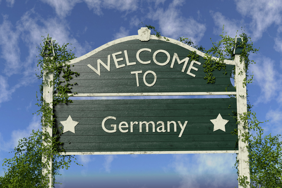3d illustration of a wooden tourist street sign with wines or ivy and with text Welcome to Germany