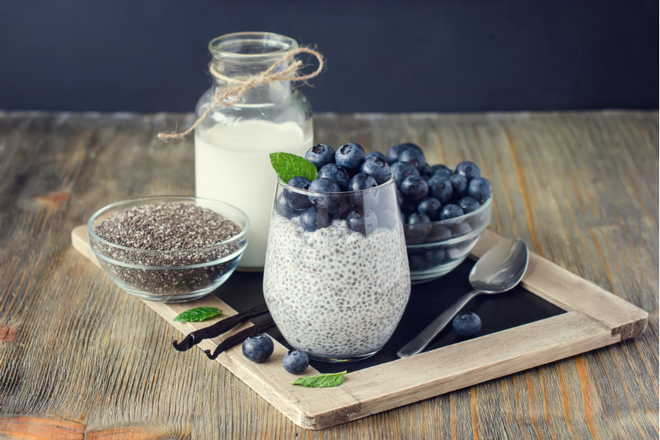 Chia seed drink topped with blueberries