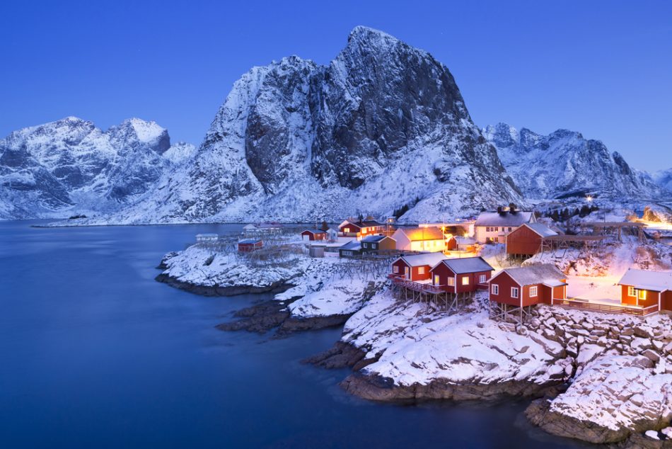 Norwegian island of Hamnoy, Reine in winter