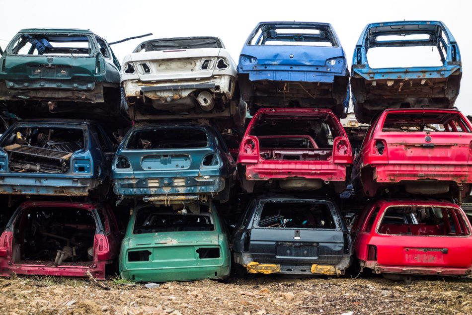 Car bodies stacked at the junkyard.