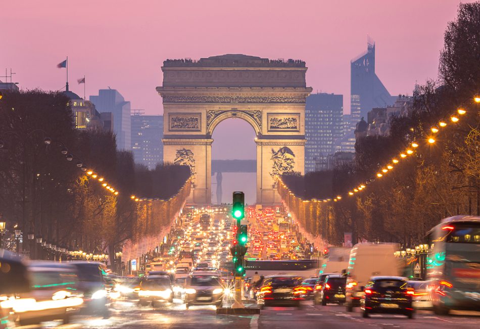 Arc of Triomphe Paris, Champs-Elysees with evening traffic
