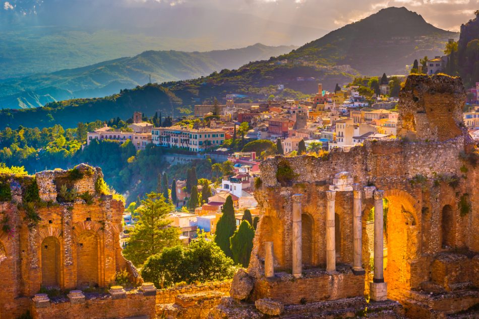 The ruins of Taormina Theater at sunset in Sicily.