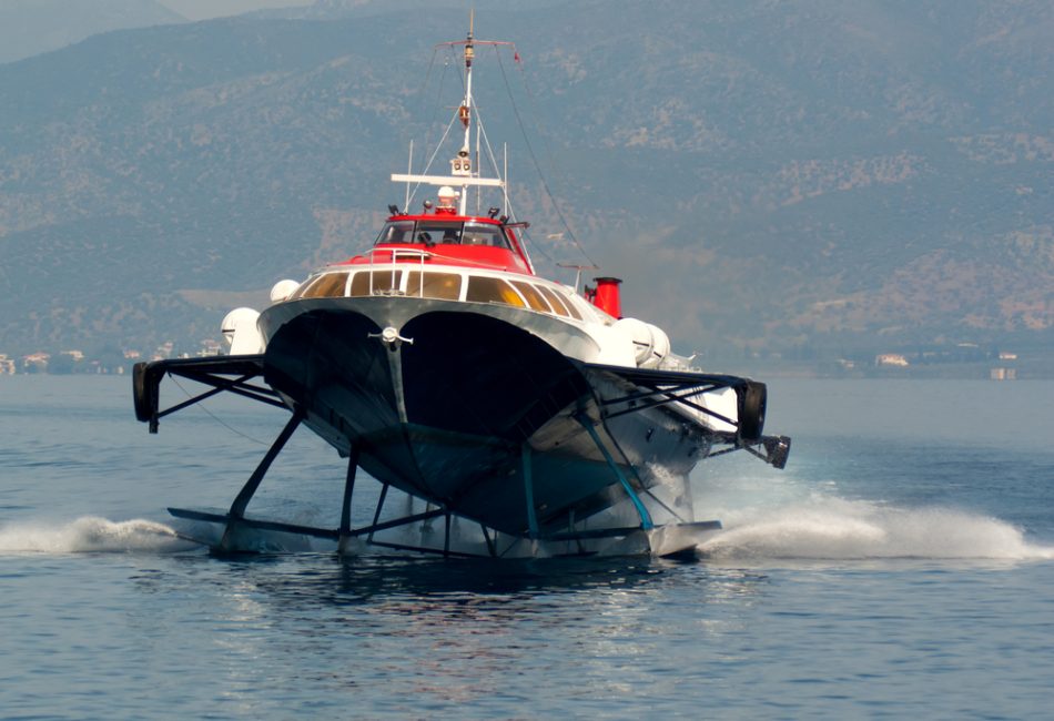 A hydrofoil boat approaching the port of the greek island Hydra.
