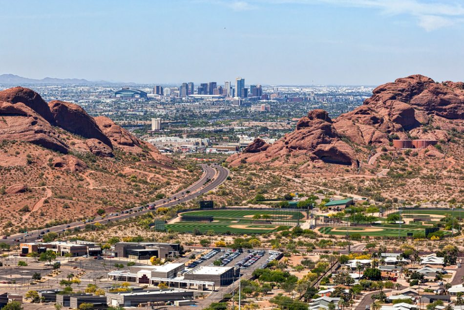 Aerial view from Scottsdale framed beween the Papago Buttes of downtown Phoenix, Arizona.