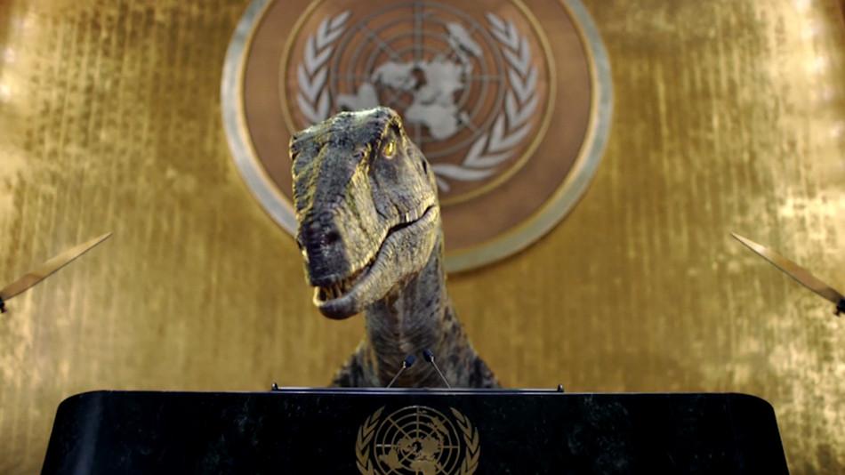 Frankie the Dinosaur speaks at the UN General Assembly